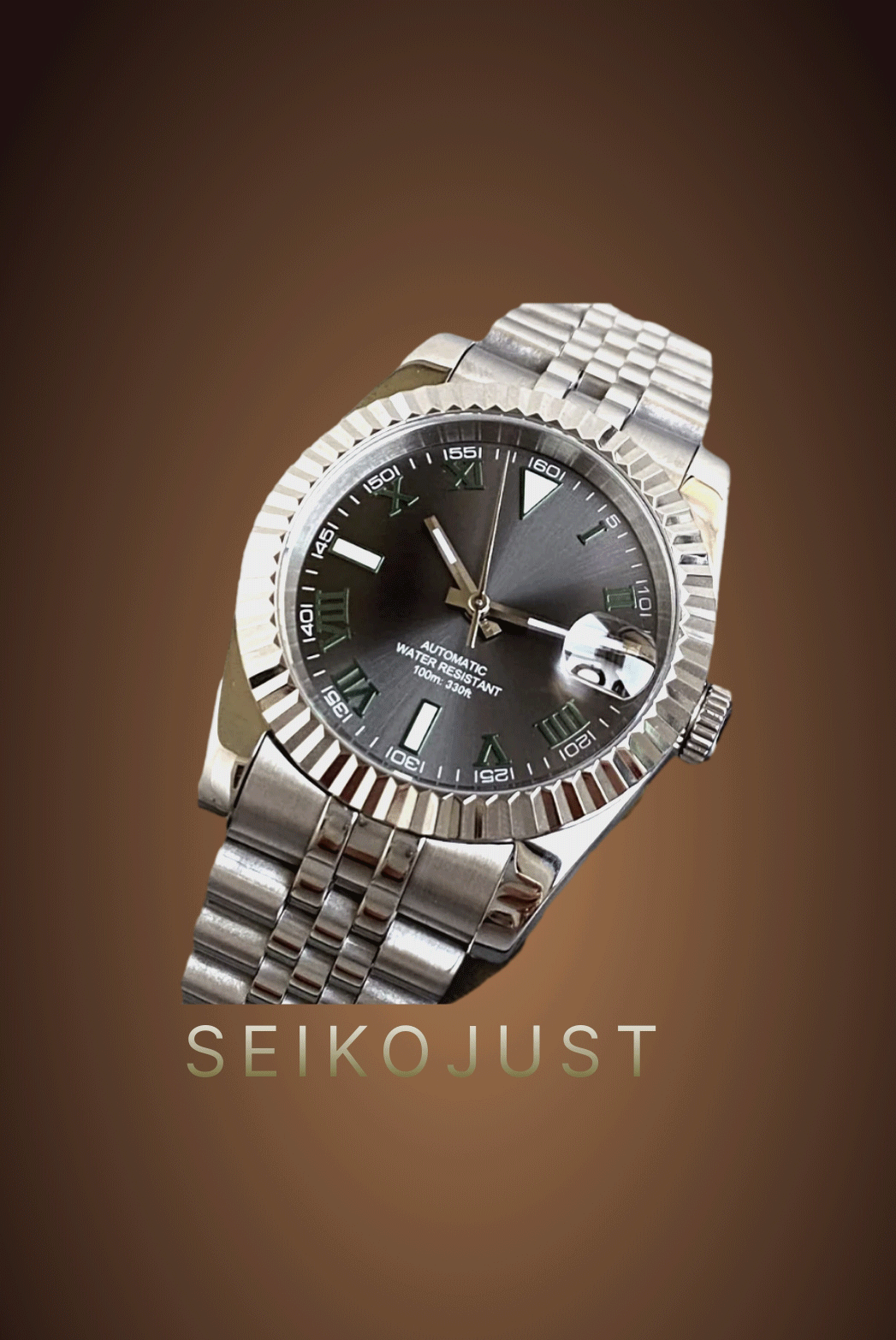 SEIKOJUST SUNBURST ROMAN GREY DIAL GREEN HANDS AUTOMATIC MOD