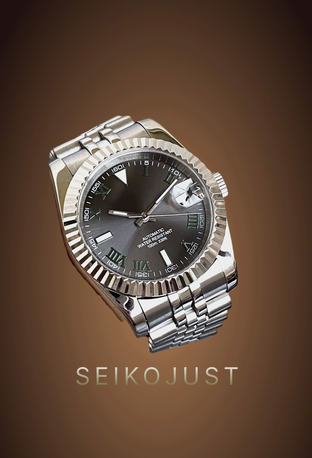 SEIKOJUST SUNBURST ROMAN GREY DIAL GREEN HANDS AUTOMATIC MOD