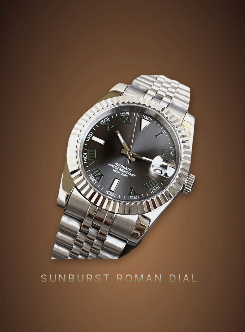 SEIKOJUST SUNBURST ROMAN GREY DIAL GREEN HANDS AUTOMATIC MOD
