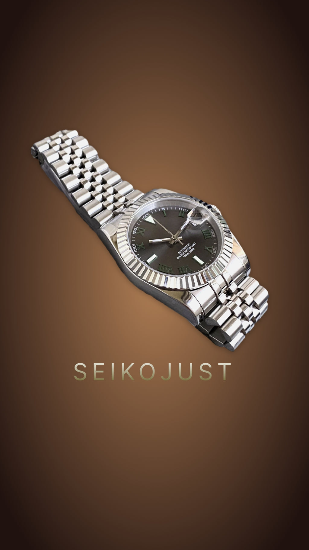 SEIKOJUST SUNBURST ROMAN GREY DIAL GREEN HANDS AUTOMATIC MOD